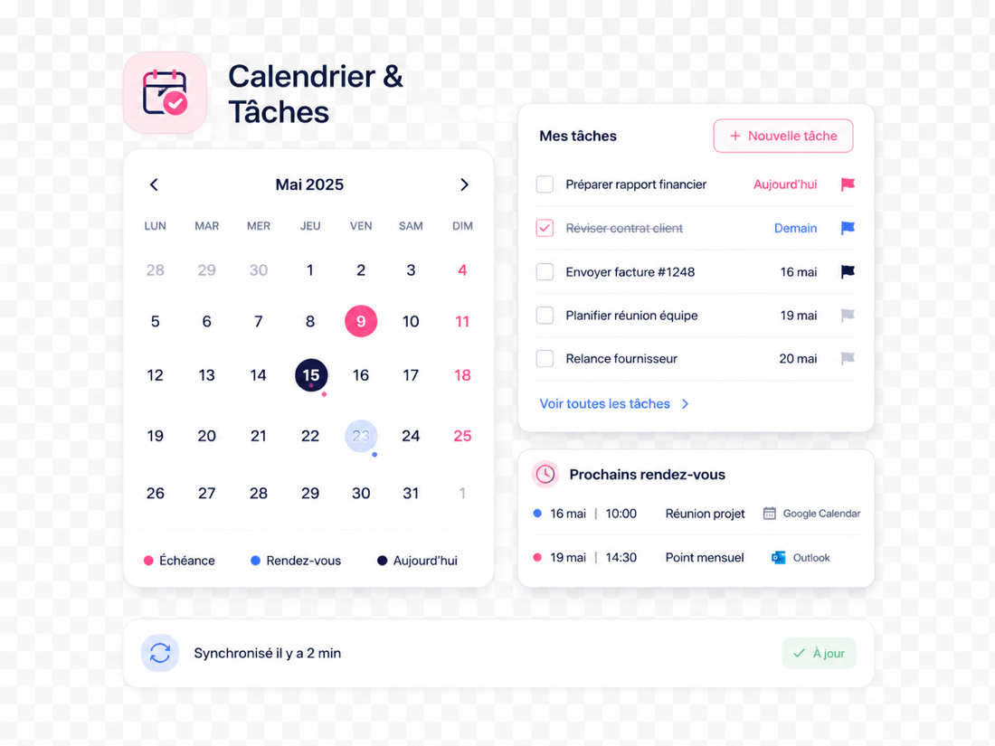 Tableau de bord calendrier et tâches GEDify