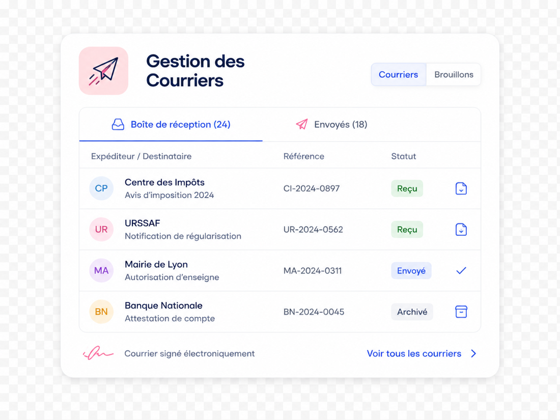 Interface de gestion des courriers GEDify : boîte de réception et envois