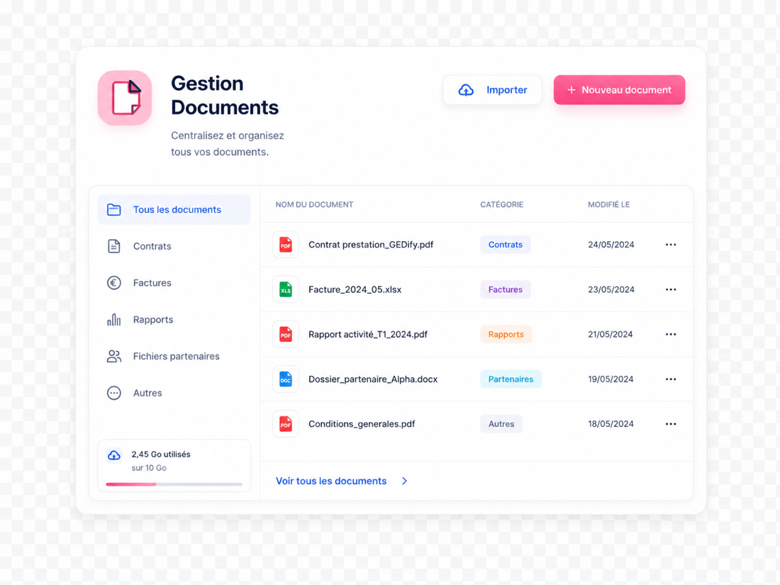 Interface de gestion des documents GEDify : liste de fichiers classés par catégorie